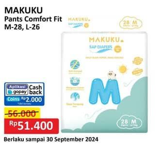 Makuku Comfort Fit Diapers Pants 26 pcs Diskon 8%, Harga Promo Rp51.400, Harga Normal Rp56.000, Cashback Rp2.000 dengan GOPAY min transaksi Rp15.000