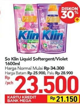 Promo Harga SO KLIN Liquid Detergent + Anti Bacterial Violet Blossom, + Softergent Pink 1600 ml - Carrefour