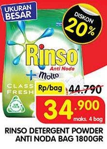 Promo Harga RINSO Anti Noda Deterjen Bubuk + Molto Classic Fresh 1800 gr - Superindo