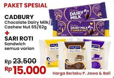 Promo Harga Cadbury Dairy Milk + Sari Roti Sandwich  - Indomaret