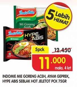 Promo Harga INDOMIE Mi Goreng Aceh, Ayam Geprek, Seblak Hot Jeletot per 5 pcs 75 gr - Superindo