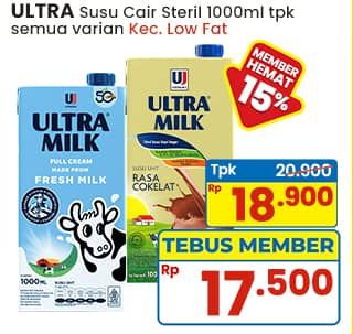 Promo Harga Ultra Milk Susu UHT Kecuali Low Fat Coklat, Kecuali Low Fat Full Cream 1000 ml - Indomaret