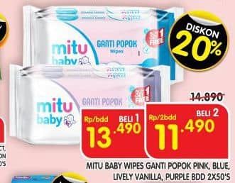 Promo Harga Mitu Baby Wipes Pink With Chamomile Vit E, Blue With Chrysanthemum Vit E, White With Calendula Chamomile, Purple With W Hazel Chrysanthemum 50 pcs - Superindo