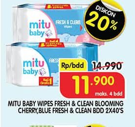 Promo Harga Mitu Baby Wipes Fresh & Clean Blue Blossom Berry, Pink Blooming Cherry per 2 pouch 40 pcs - Superindo