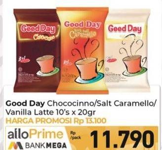 Promo Harga Good Day Instant Coffee 3 in 1 Chococinno, Rock Salt Caramello, Vanilla Latte per 10 sachet 20 gr - Carrefour