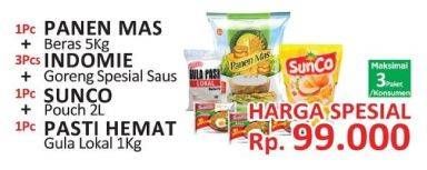 Promo Harga PANEN MAS Beras 5kg + INDOMIE Mie Goreng 3s + SUNCO Minyak Goreng 2ltr + PASTI HEMAT Gula 1kg  - Yogya