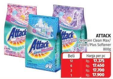Promo Harga ATTACK Detergent Powder Plus Softener, Violet Perfume, Clean Maximizer 800 gr - Lotte Grosir