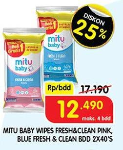 Promo Harga Mitu Baby Wipes Fresh & Clean Pink Blooming Cherry, Blue Blossom Berry per 2 pouch 40 pcs - Superindo