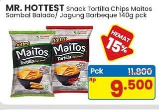 Promo Harga Mr Hottest Maitos Tortilla Chips Sambal Balado, Jagung BBQ 140 gr - Indomaret