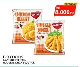 Promo Harga Belfoods Nugget Chicken Nugget, Chicken Nugget Stick 500 gr - Indomaret
