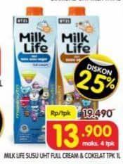 Promo Harga Milk Life UHT Plain, Cokelat per 24 tpk 200 ml - Superindo