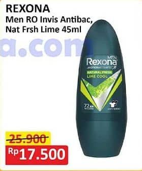 Promo Harga Rexona Men Deo Roll On Invisible + Antibacterial, Natural Fresh Lime Cool 45 ml - Alfamart