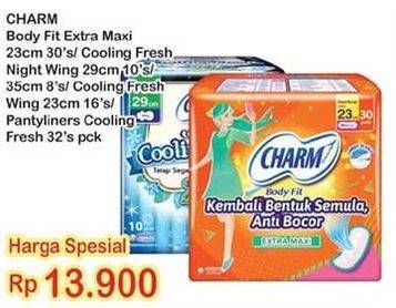 Promo Harga CHARM Body Fit Extra Maxxi / Cooling Fresh Night Wing 29cm/ 35cm/ 23cm/ Pantyliners Cooling Fresh  - Indomaret