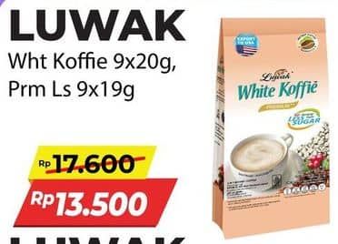 Promo Harga Luwak White Koffie Original, Less Sugar per 9 sachet 20 gr - Alfamart