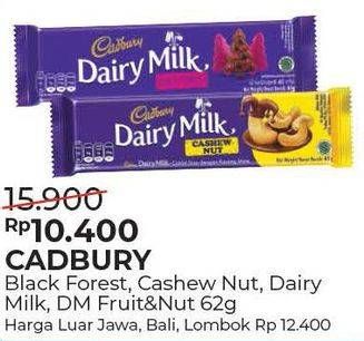 Promo Harga CADBURY Dairy Milk Black Forest, Cashew Nut, Dairy, Fruit Nut 62 gr - Alfamart