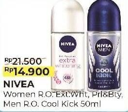Promo Harga NIVEA Deo Roll On Extra Whitening/Pearl & Beauty/NIVEA Men Deo Roll On Cook Kick 50ml  - Alfamart