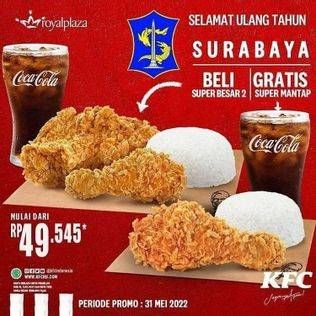 Promo KFC Gratis Super Mantap untuk pembelian Super Besar 2 

– Harga belum termasuk pajak
– take away dikenakan biaya tambahan

