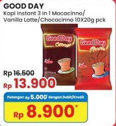 Promo Harga Good Day Instant Coffee 3 in 1 Mocacinno, Vanilla Latte, Chococinno per 10 sachet 20 gr - Indomaret