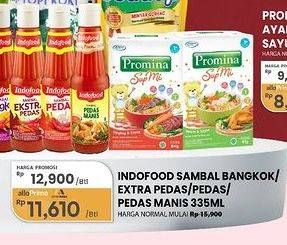 Promo Harga Indofood Sambal Bangkok, Ekstra Pedas, Pedas, Pedas Manis 335 ml - Carrefour