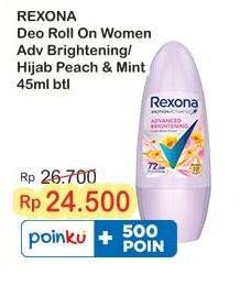 Promo Harga Rexona Deo Roll On Advanced Brightening, Hijab Natural Peach Mint Cool 45 ml - Indomaret