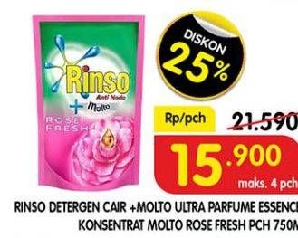 Promo Harga RINSO Liquid Detergent + Molto Pink Rose Fresh, + Molto Purple Perfume Essence 750 ml - Superindo