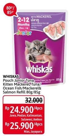 Promo Harga WHISKAS Makanan Kucing Junior Tuna, Kitten Mackerel, Ocean Fish, Mackerel Salmon 85 gr - Alfamidi