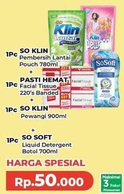So Klin Pembersih Lantai + Pasti Hemat Facial Tissue + So Klin Pewangi + So Soft Liquid Detergent