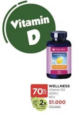 Promo Harga Wellness Vitamin D3 400IU 60 pcs - Watsons