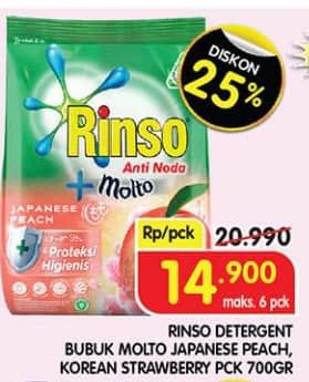 Promo Harga Rinso Anti Noda Deterjen Bubuk + Molto Japanese Peach, + Molto Korean Strawberry 700 gr - Superindo