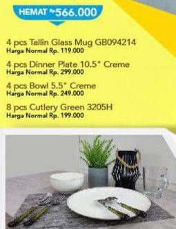Promo Harga Tallin Glass MUG + Dinner Plate + Bowl + Cutlery Green  - Carrefour