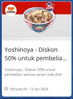 Promo Harga Diskon 50% untuk pembelian semua varian side dish  - Yoshinoya