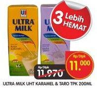 Promo Harga ULTRA MILK Susu UHT Taro, Caramel per 3 pcs 200 ml - Superindo