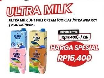 Promo Harga Ultra Milk Susu UHT Full Cream, Coklat, Stroberi, Moka 750 ml - Carrefour