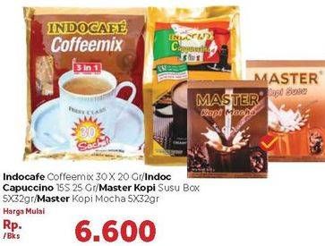 Promo Harga INDOCAFE Coffeemix 30x20gr/ Capuccino 15x25gr/ MASTER Kopi Susu/ Mocha 5x32gr  - Carrefour