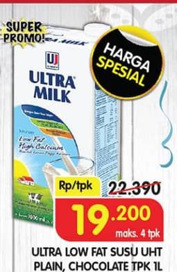 Promo Harga Ultra Milk Susu UHT Low Fat Coklat, Low Fat Full Cream 1000 ml - Superindo