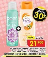 Promo Harga Posh Hijab Perfumed Body Spray + Emeron Lovely Naturals Hand Body Lotion   - Superindo