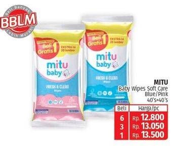 Promo Harga Mitu Baby Wipes Fresh & Clean Blue Blossom Berry, Pink Blooming Cherry per 2 pouch 40 pcs - Lotte Grosir