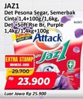 Promo Harga Attack Jaz1 Detergent Powder Pesona Segar, Semerbak Cinta, +Softener Purple Blossom 1400 gr - Alfamart