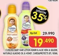 Promo Harga Cussons Baby Hair Lotion Coconut Oil Aloe Vera, Candle Nut Celery, Almond Oil Honey, Avocado Pro Vit B5 100 ml - Superindo