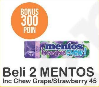 Promo Harga MENTOS Incredible Chew Grape, Strawberry per 2 pouch 45 gr - Alfamart