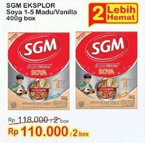 Promo Harga SGM Eksplor Soya 1-5 Susu Pertumbuhan Madu, Vanilla per 2 box 400 gr - Indomaret