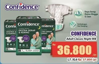 Confidence Adult Classic Night Ekstra Serap & Kering 8 pcs Harga Promo Rp36.800, L7, XL6 Rp37.800/pc