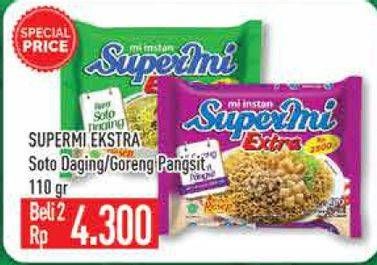 Promo Harga SUPERMI Extra Mi Goreng Ayam Pangsit, Soto Daging per 2 pcs 110 gr - Hypermart