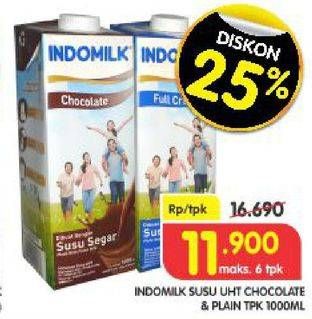 Promo Harga Indomilk Susu UHT Full Cream Plain, Cokelat 1000 ml - Superindo
