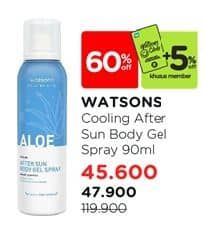 Watsons Cooling After Sun Body Spray 90 ml Diskon 60%, Harga Promo Rp47.900, Harga Normal Rp119.900, Member Rp45.600
Purchase With Purchase Up To 60%, Minimal Purchase Rp60.000, Watsons Club +5% Diskon Khusus Member, Khusus Member