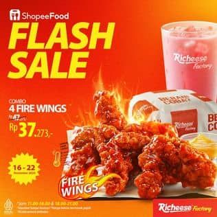 Promo Richeese Factory Buruan serbu Flash Sale-nya, dapatkan Combo 4 Fire Wings, kamu bisa nikmatin 4 Fire Wings + 1 Nasi + 1 Medium Drink + Cheese Sauce dari harga Rp 47.273, sekarang harganya menjadi Rp 37.273, Cheesemate! 

Syarat dan Ketentuan:
1. Promo akan muncul di beberapa Richeese Factory, pada fitur Flash Sale ShopeeFood
2. Flash Sale berlangsung pada 16- 22 November 2024 (Pukul 11.00-18.00 dan 18.00-21.00)
3. Harga belum termasuk pajak
4. Kuota promo terbatas