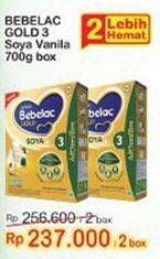 Promo Harga BEBELAC 3 Gold Soya Susu Pertumbuhan Vanila per 2 box 700 gr - Indomaret
