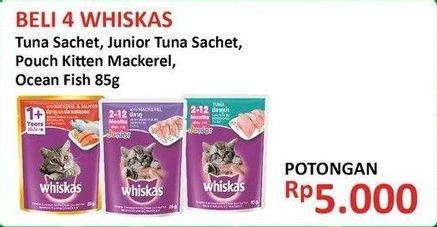 Promo Harga WHISKAS Makanan Kucing Tuna, Junior Tuna, Kitten Mackerel, Ocean Fish per 4 pouch 85 gr - Alfamidi