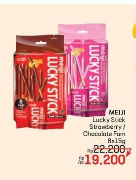 Promo Harga Meiji Biskuit Lucky Stick Strawberry, Chocolate per 8 pcs 15 gr - LotteMart