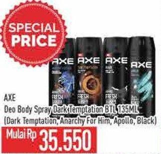 Promo Harga AXE Deo Spray Dark Temptation, Anarchy For Him, Apollo, Black 135 ml - Hypermart